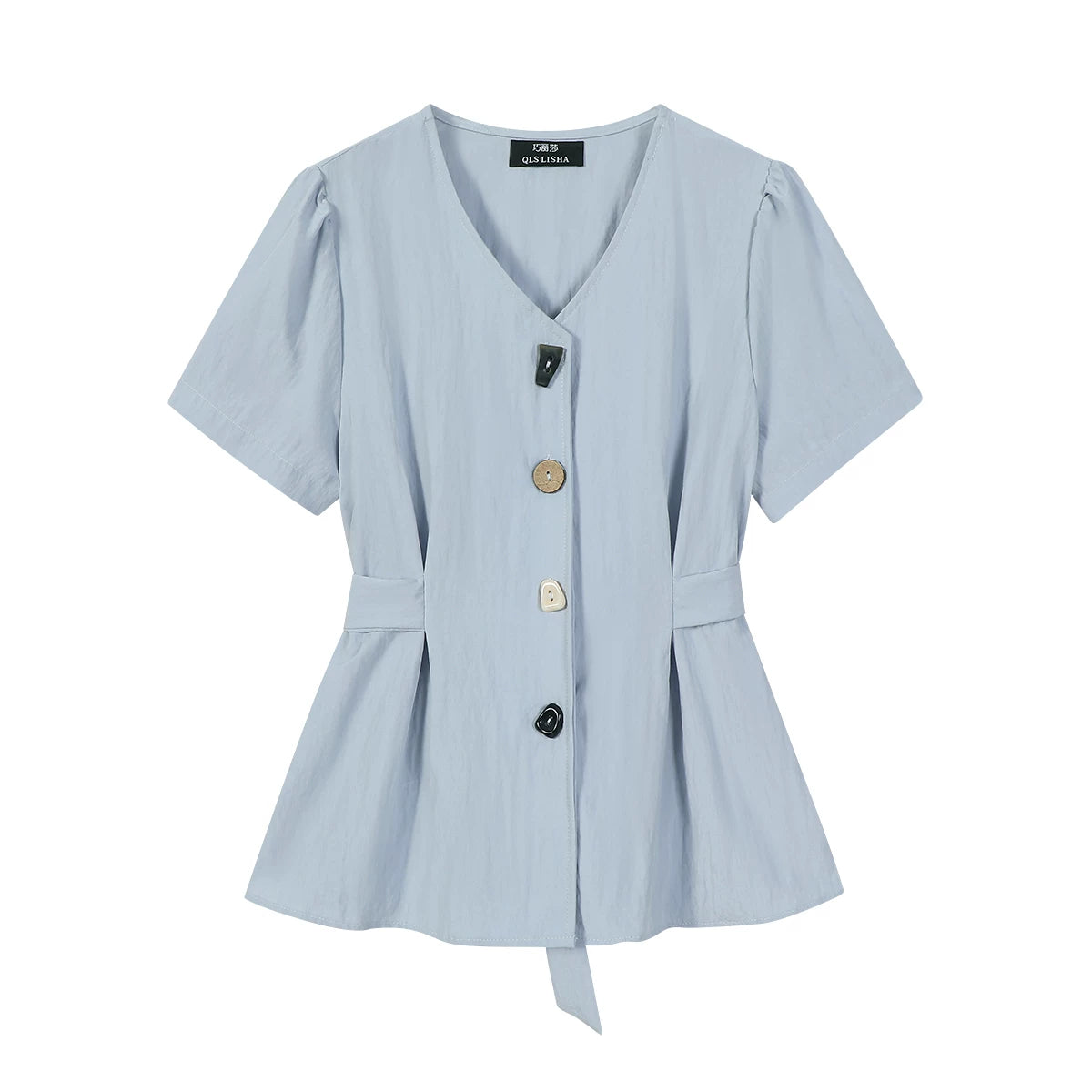 Qiaolisha Koreya üslubunda qısa qollu köynək, qalstuk dizaynı, V-yaxalı, qadınlar üçün top