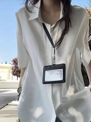 Yayda kişi və qadınlar üçün ağ buz ipək qısaqol köynək təmiz uyğun cüt yarımqol Koreya üslublu yüksək keyfiyyətli yaxa köynək