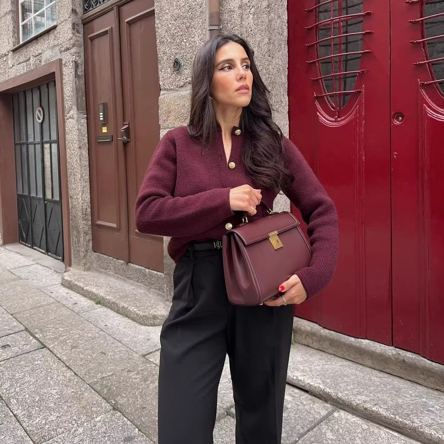 ZA Payız/Qış Yeni Qadın Geyimləri Avropa və Amerika Üslubunda Qızılı Düyməli Uzunqol Dəyirmi Yaxalı Qısa Örgü Kardiqan 6427144