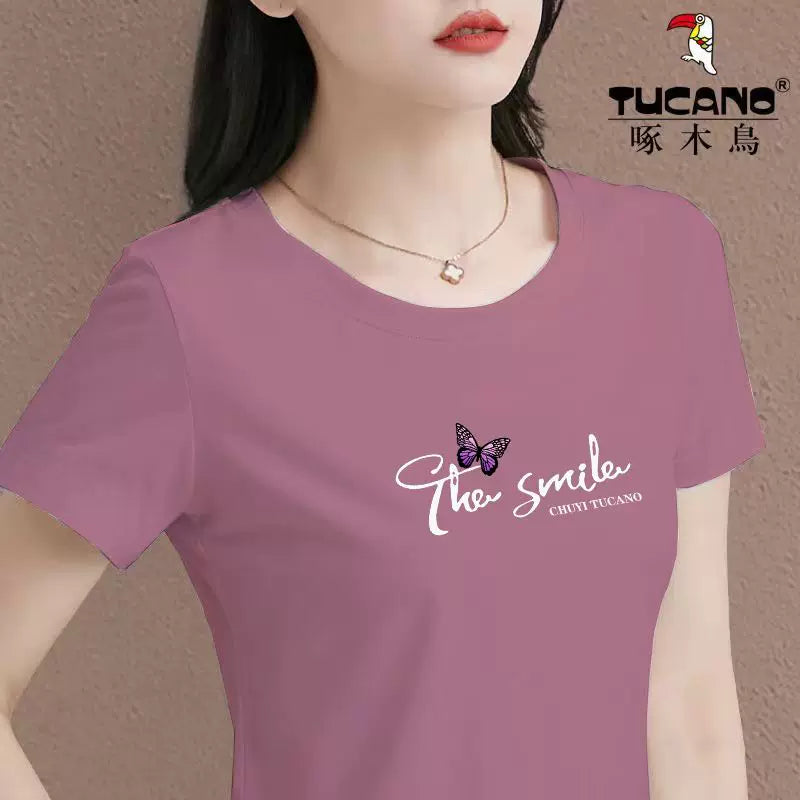 Clearance Pickup Woodpecker Mall Çıxarılır Yay Təmiz Pambıq Qısaqol Dəyirmi Yakalı Qadın T-shirti Böyük Ölçü Slim Fit Top