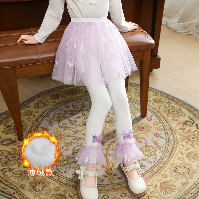 Qızlar üçün bir hissəli ətək şalvarları, 2025-ci ilin yaz və payız mövsümü üçün yeni model uşaq qış geyimləri, flis astarlı, süni iki hissəli leqinslər, ağ, çöldə geyinmək üçün.