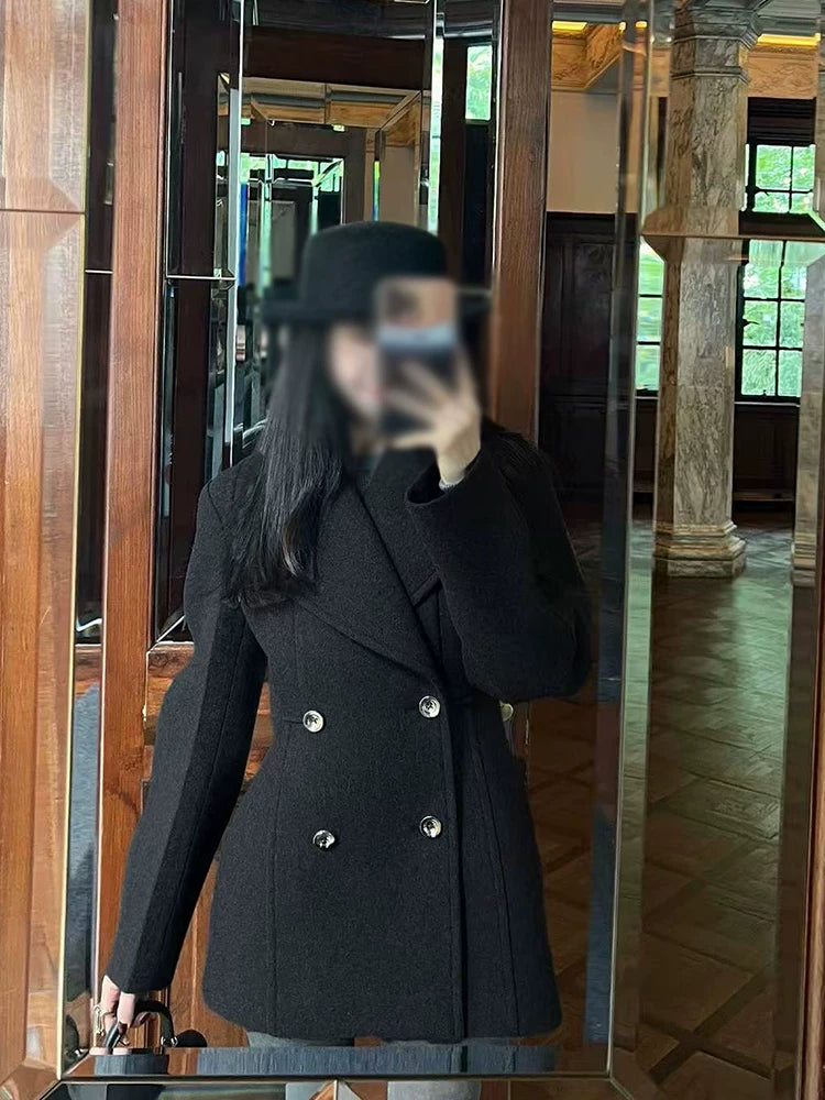 Old Qian Style Boz Yun Palto Qadınlar üçün İkiqat Döşlü Qum Saatı Bel Orta Uzunluqlu Zərif Kostyum Yun Palto