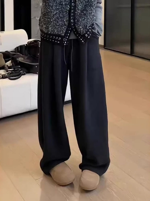 Qadınlar üçün qara əyri bıçaqlı gündəlik şalvar, 2026 Yeni Payız və Qış Plus Ölçülü Boş Formalı Boyfriend Stilində Axıcı Geniş Ayaqlı Şalvar
