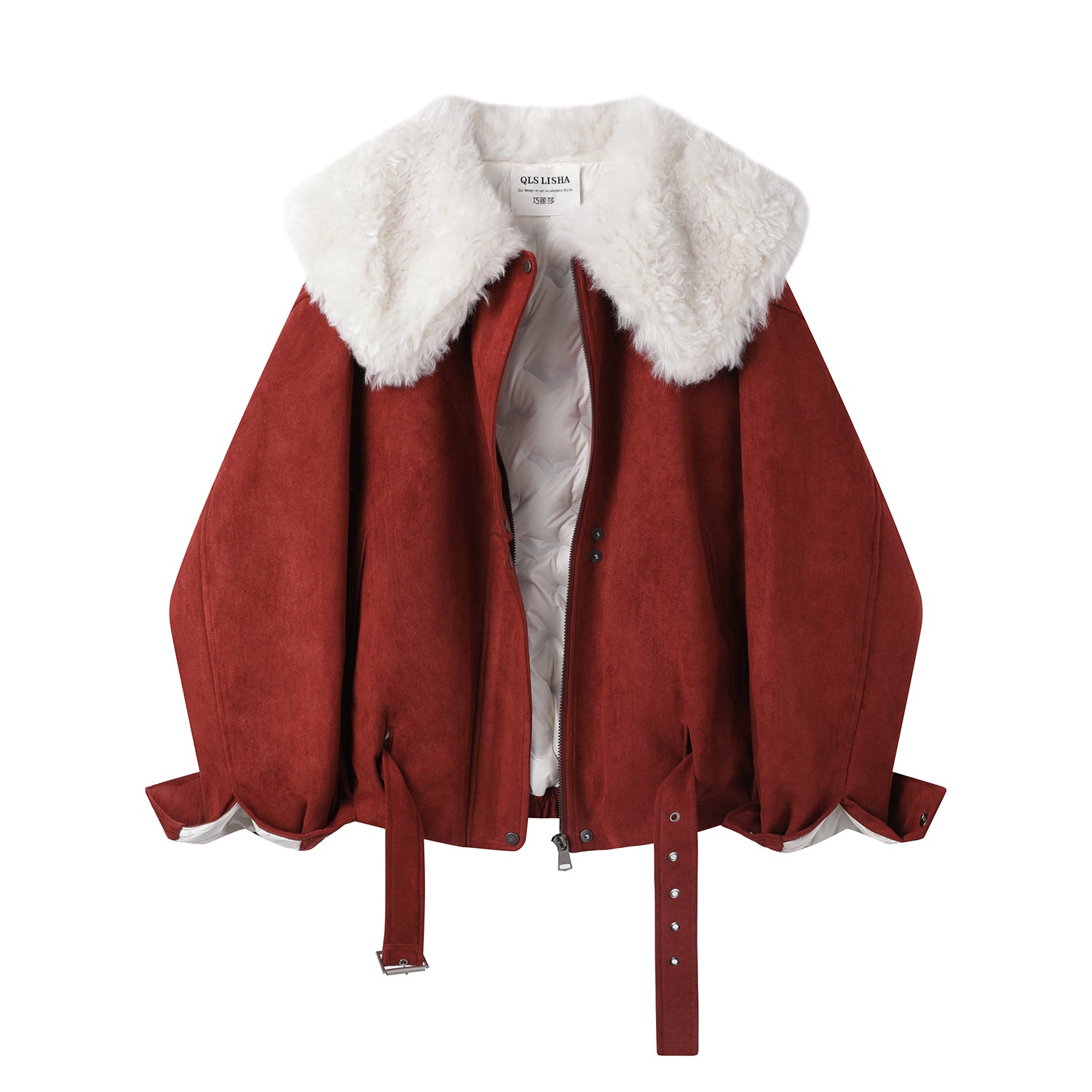 Cholisa-nın özünəməxsus və gözəl qış isti qırmızı qısa qalın paltosu, quzu yun yaxası olan qadın aşağı gödəkçəsi.