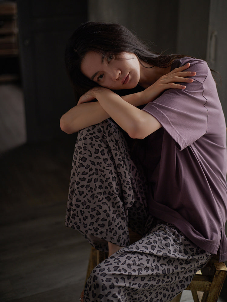 Tongyu yeni qadın pijama yaz və yay modal pambıq qısaqol şalvar kostyum bəbir naxışlı nazik üslubda ev paltarından kənarda geyinmək olar
