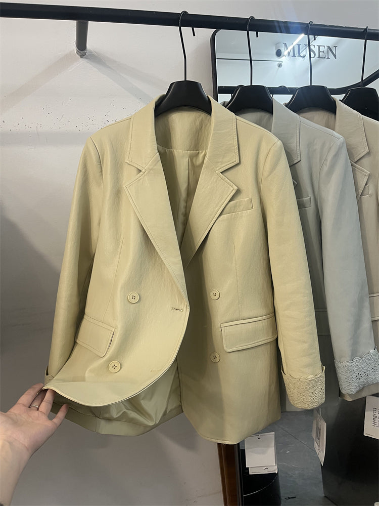 Qadın Dəri Kostyum Gödəkçəsi, 2026 Yaz Yeni Koreya Üslubunda Boş Forma, Yüksək Səviyyəli Stil, Kiçik Yumşaq Zülal Dəri Palto