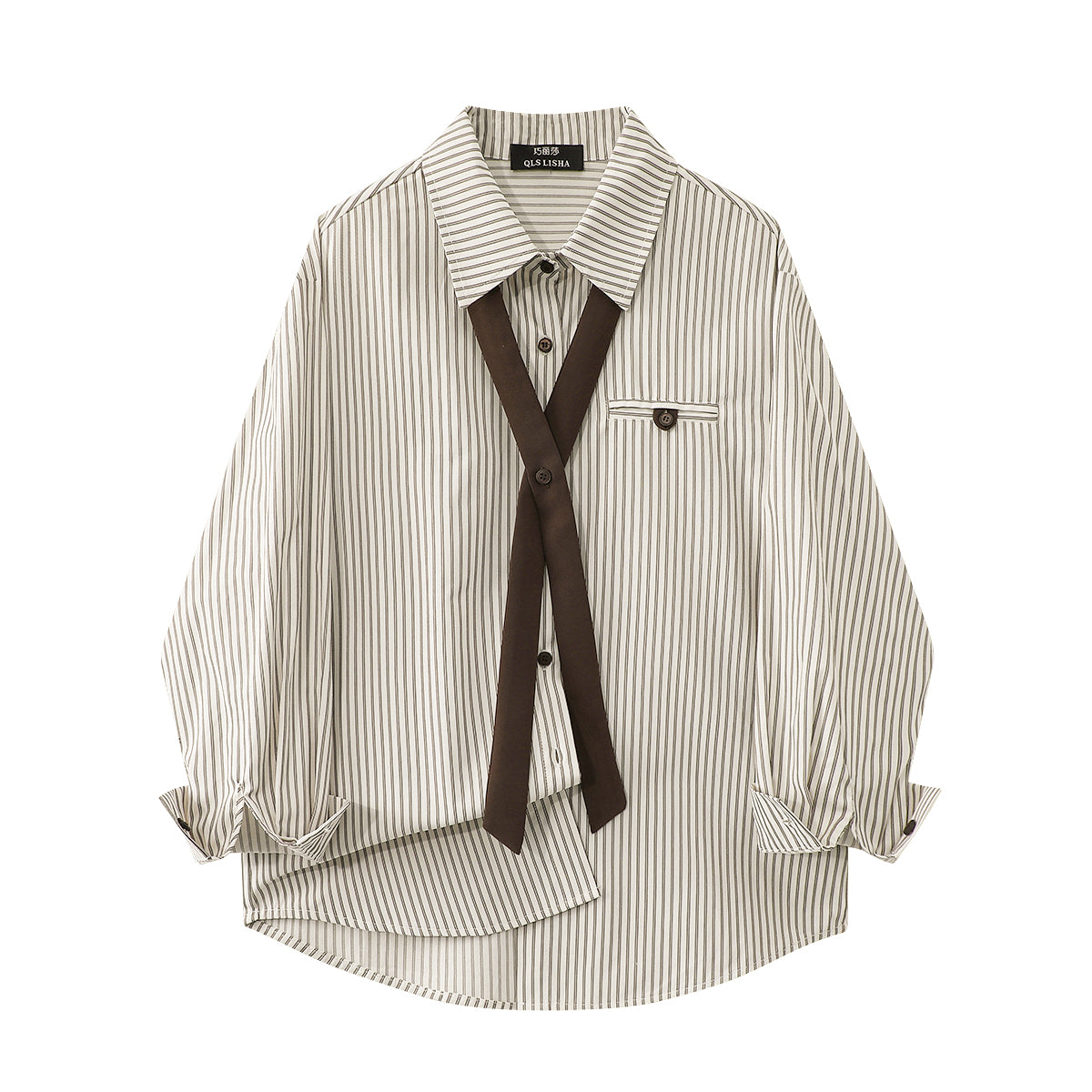 Cholisa qadınlar üçün çoxfunksiyalı Koreya üslubunda qəhvəyi zolaqlı köynək, unikal dizayn, erkən yaz boş gündəlik uzunqol top