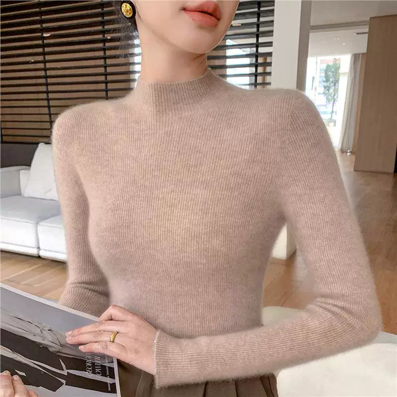 Qadınlar üçün yüksək keyfiyyətli yun sviter, hündür yaxalı, incə bədən quruluşlu, laylı-laylı, payız və qış üçün ideal, yeni model, qalın və çoxfunksiyalı toxunma sviter