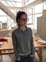 Unikal SEI Küçə Stilində Koreya Tənbəl Polo Yaxalıq Düyməli Boş Gündəlik Çoxfunksiyalı Uzunqollu Trikotaj Sviter