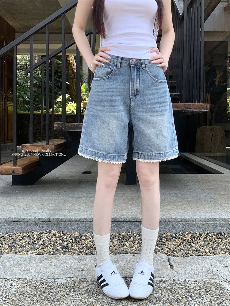 Qadınlar üçün böyük ölçülü retro mavi denim şortlar, yay üslubunda, yüksək belli, arıqladıcı, düz ayaqlı, geniş ayaqlı, A-xəttli, orta uzunluqlu şortlar.