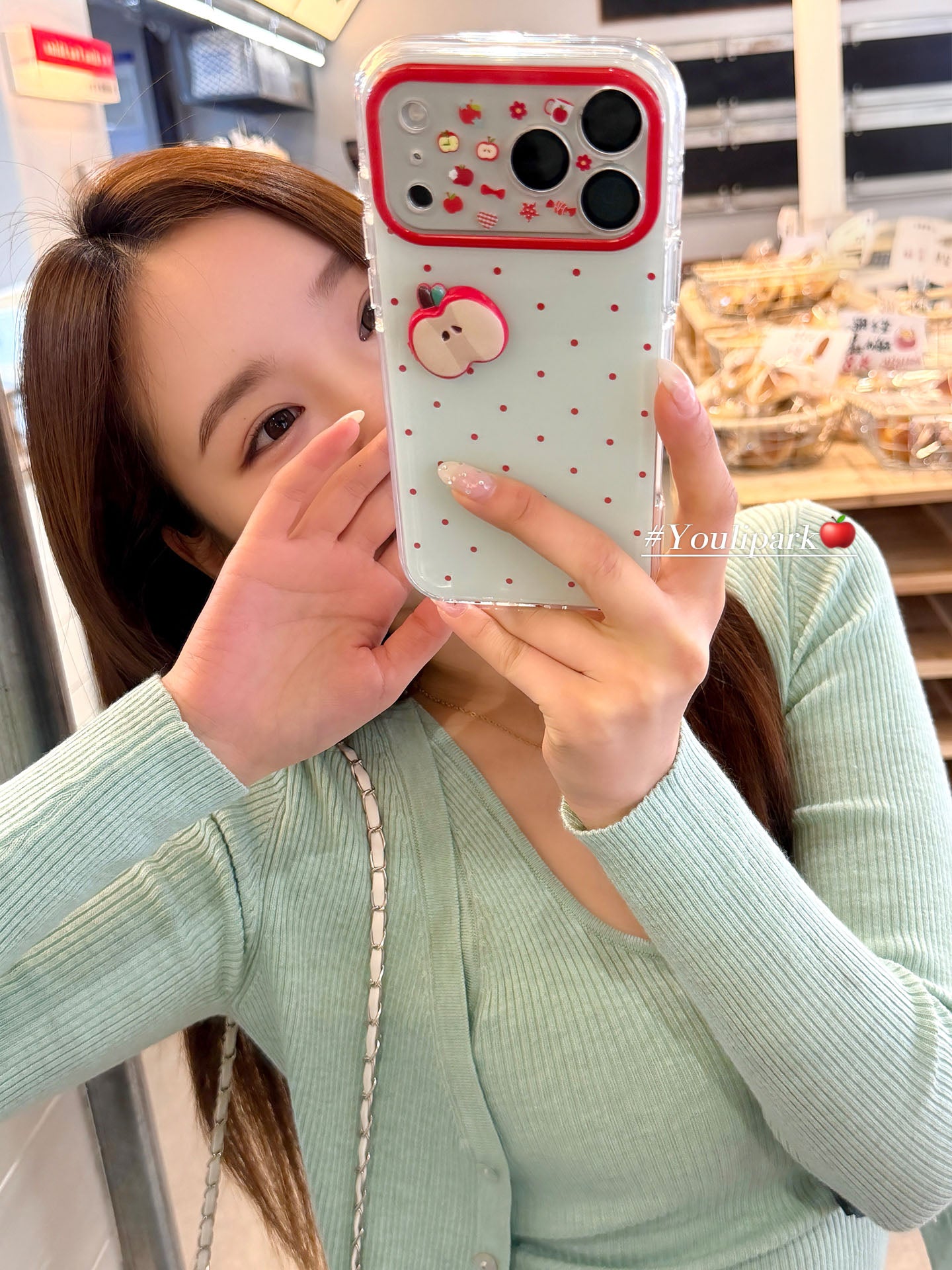 Yuri Park ins Koreya qızı nanə yaşıl polka nöqtəli üçölçülü qırmızı Apple 17 17pro Apple 17ProMax mobil telefon üçün korpus iPhone16 hər şey daxil 14 yeni 16Promax qoruyucu örtük