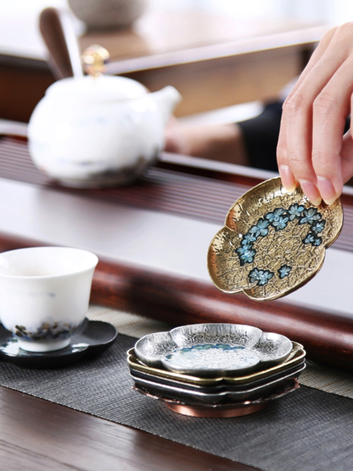 Cloisonné çay altlığı kreativ retro Yapon üslublu məişət kunq fu çay mərasimi aksesuarları istilik izolyasiyası sürüşməyə qarşı ərintili mis nəlbəki altlıq gəmisi