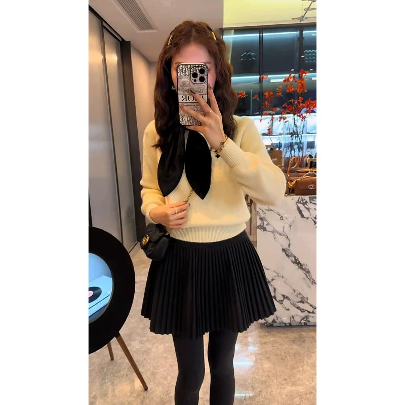 Qara yun qırçınlı mini ətək, böyük ölçülü qadın geyimləri, 2026-cı ilin yaz yeni dəbi, yüksək belli, çoxfunksiyalı A-xətti ifşaya qarşı ətək.