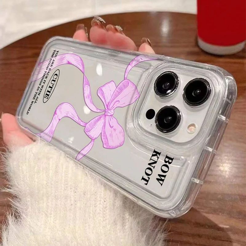 Korean Cute Pink Bowknot Transparent Phone Case for iPhone 15