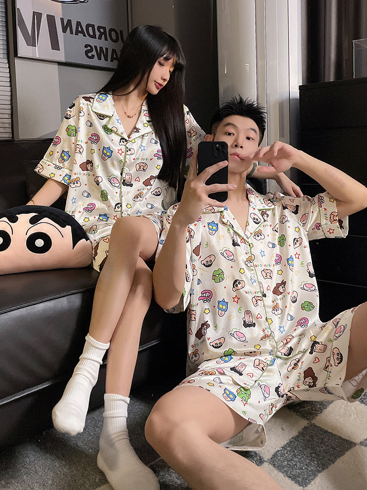 Crayon Shin-chan cüt pijama qadın yay qısaqol buz ipək üç parça dəsti şirin nazik yay kişi ev geyimi