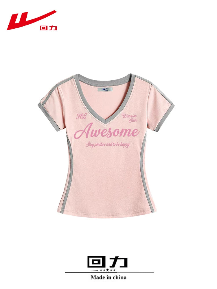 Huali Xiaoduo Pamine Sağ Çiyin Qısaqol Qadın T-shirti 2026 Yaz, Yay və Payız Şirin Stil V Yaka İncə Pambıq Top