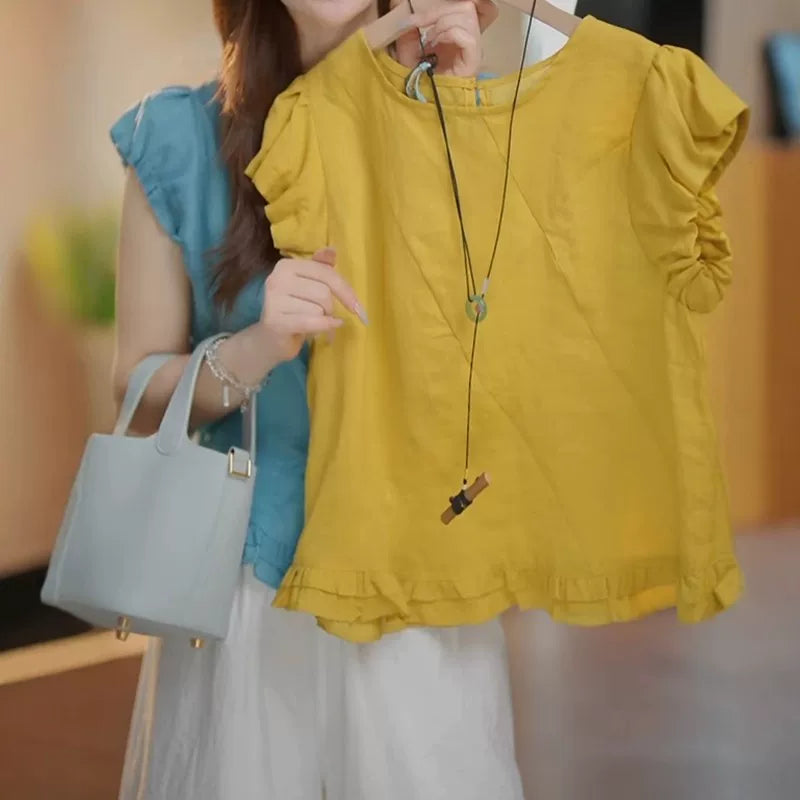 Fransız üslubunda büzməli, dairəvi yaxalı, qısaqol köynək, 2026-cı ilin yayı üçün yeni model, böyük ölçüdə, geniş dizaynlı, gənclik üçün köynək.