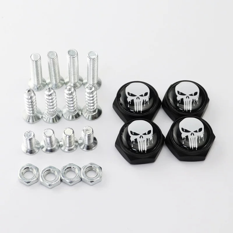 Universal screws for cars, motorcycles and electric vehicles; screws for license plate holders, nuts and frames; screws with skull design