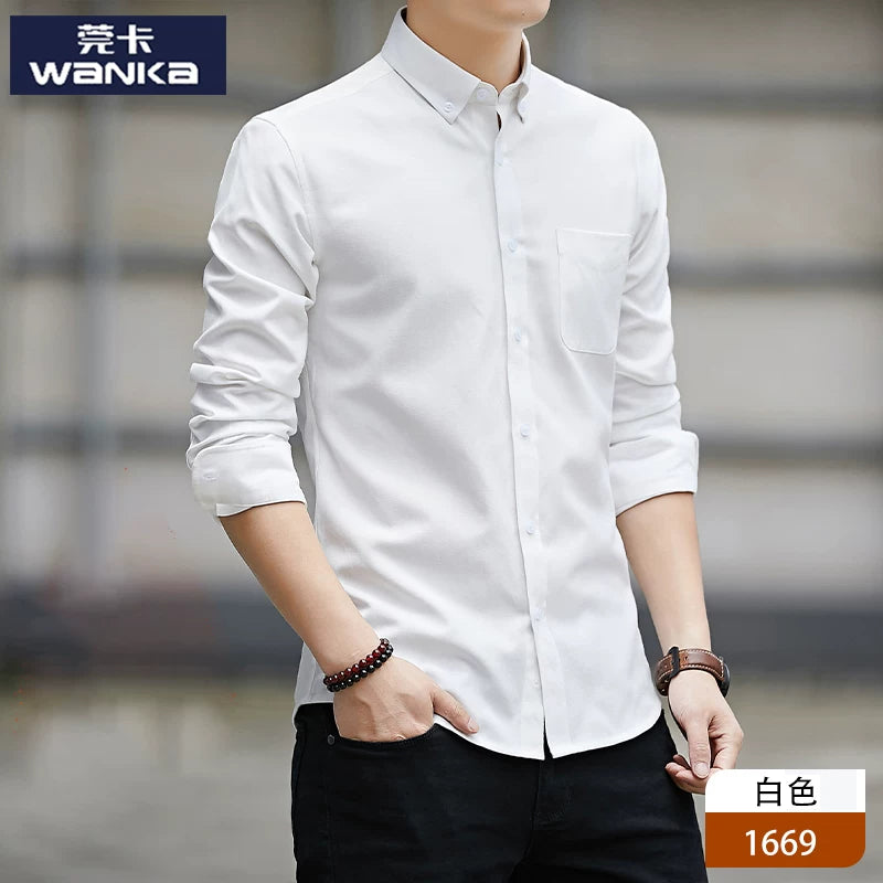 Kişilər üçün uzunqol köynək, gənclik üslubunda, boş forma, dəbli brend, yüksək səviyyəli Oksford parça, düz rəng, payız geyimi, gündəlik üst geyim.