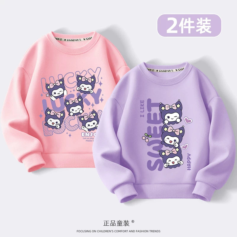 Kuromi Qızlar üçün Sweatshirt Payız/Qış 2024 Yeni Model Dəbli, Yun Astarlı Kürək Yaxalı Top Qızlar və Böyük Uşaqlar üçün