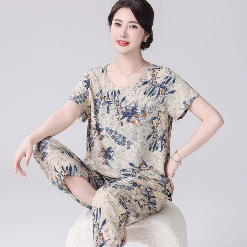 Pambıq ipək yay qısaqol nazik qadın pijama dəsti böyük ölçülü boş sadə gündəlik pambıq ipəyi ev paltarından kənarda geyinmək olar