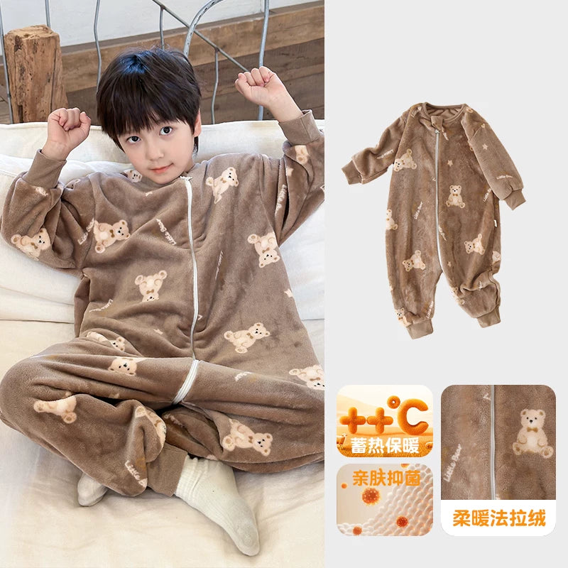 Payız və qış üçün Britaniya uşaq pijamaları, oğlan və qızlar üçün qalın flanel kombinezon, körpələrin təpikləməsinin qarşısını almaq üçün yun astarlı isti yorğan.
