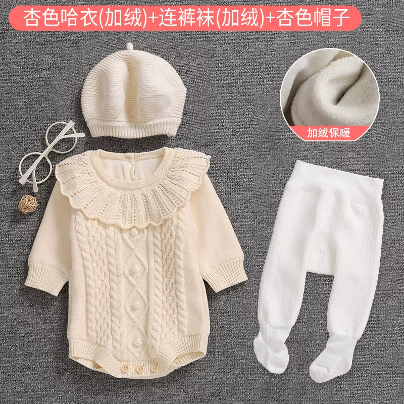 Qız uşağı üçün qış sviteri, yun astarlı, yeni doğulmuş/tam aylıq körpə geyimləri, şahzadə stilində şık romper, ilk ad günü dəsti, qırmızı.