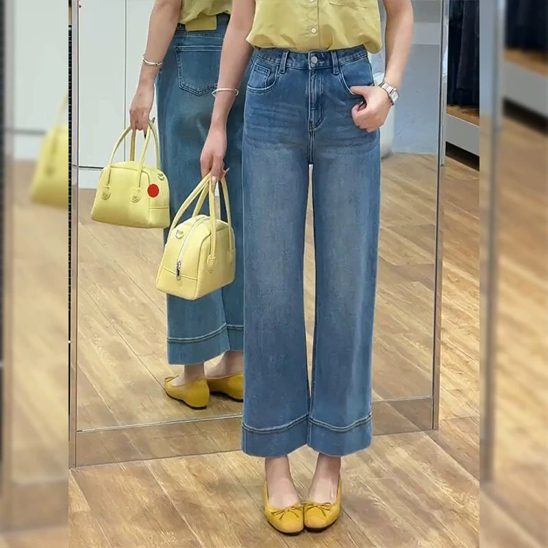 Qadınlar üçün şık və çoxfunksiyalı qısa düzbucaqlı cins şalvar, yeni 2026-cı ilin yay modası, böyük ölçülü, əyri bədən quruluşlu qadınlar üçün incəldən yüksək belli enli şalvar.