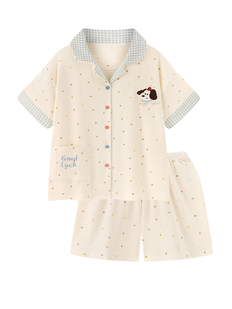 "Polka Dot Puppy" Cizgi filmi Saf Pambıq Pijama Qadın Yayı 2026 Yeni Qısaqol Şort Boş Ev Geyimi Dəsti