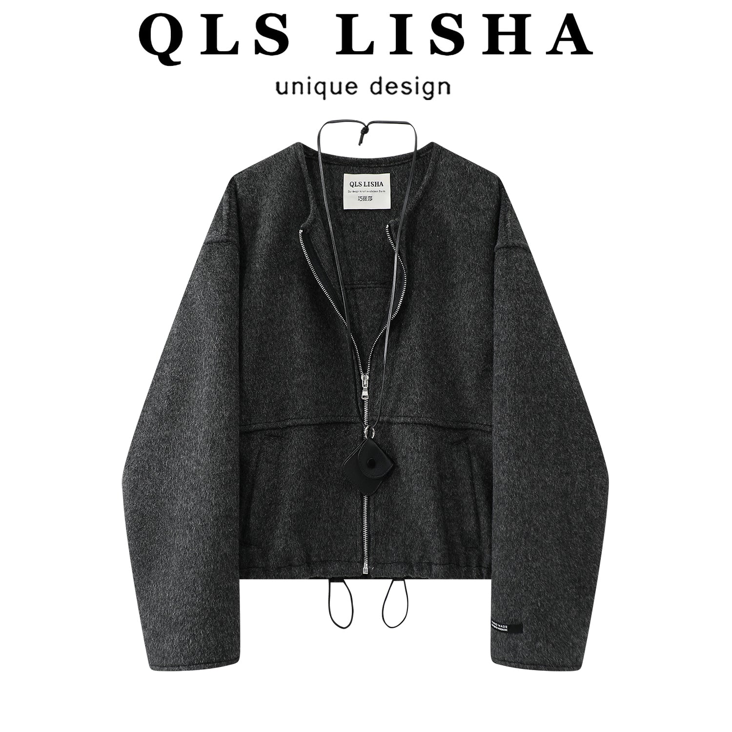 Qiaolisha-nın qadınlar üçün unikal və super gözəl boz yun paltosu, payız və qış, yun fermuarlı gödəkçə, Koreya üslubunda, qalınlaşdırılmış, qısa model.