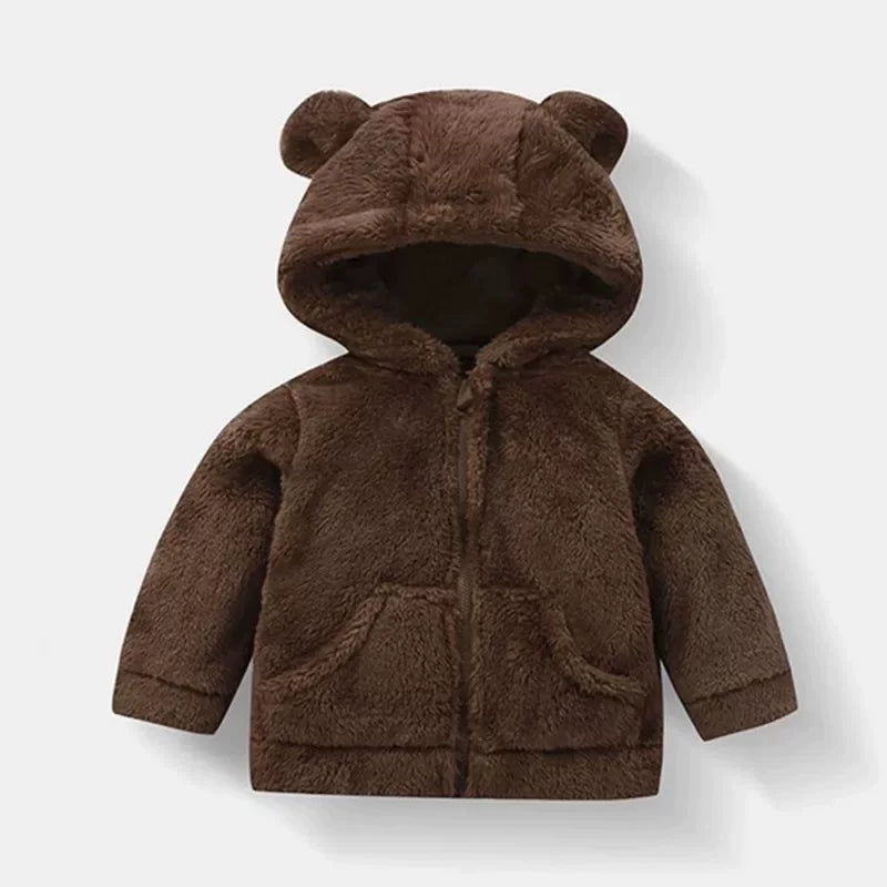 Uşaq 2025 Payız/Qış Yun astarlı top, oğlan və qızlar üçün ayaq üstə açılan qulaqlı xəz sviter gödəkçə, körpə üçün bütöv rəngli fermuarlı sviter