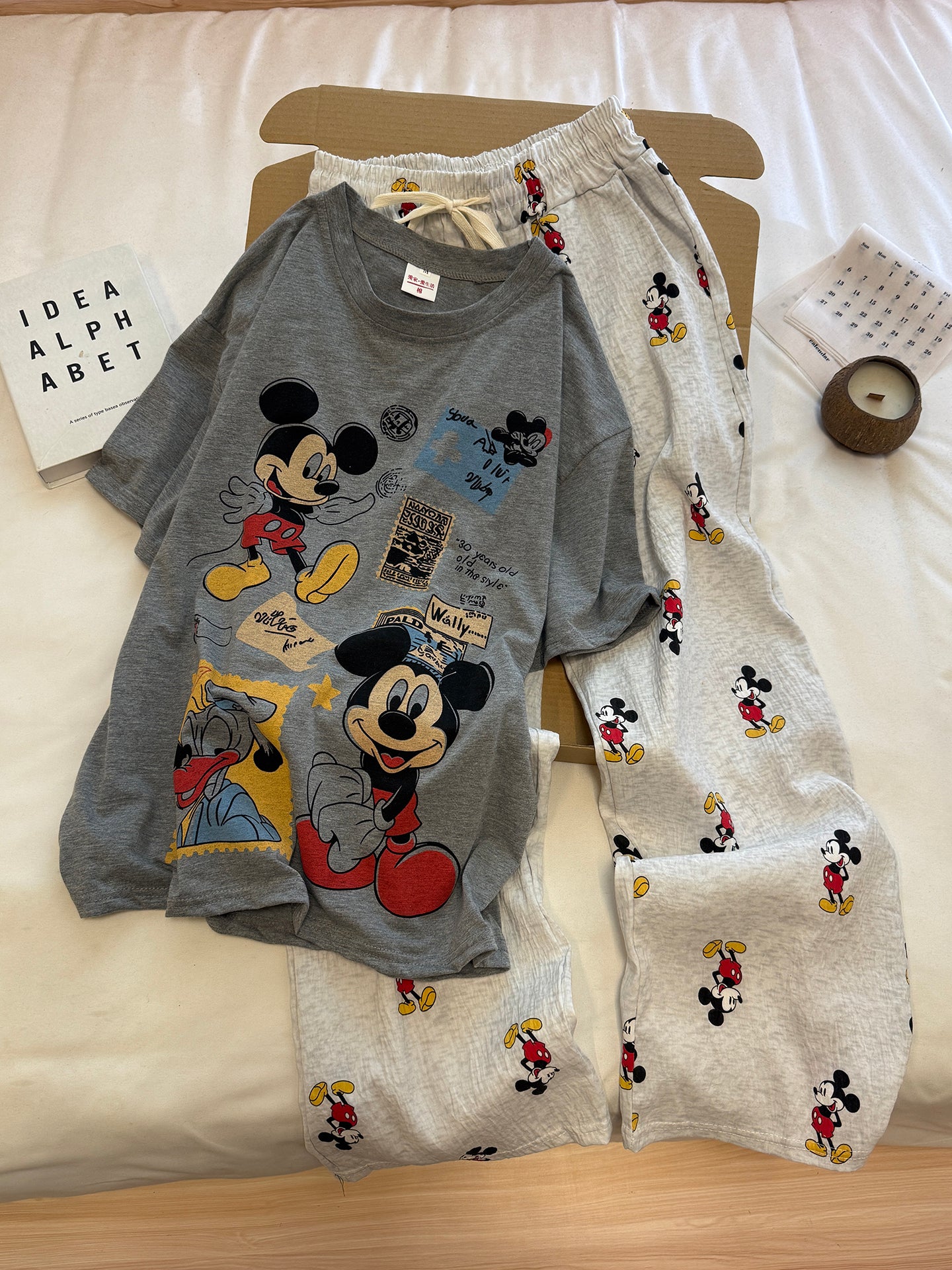Qadınlar üçün yay daranmış pambıq qısaqol sərin böyük ölçülü pijama çöldə geyilə bilər 2026 yeni cizgi filmi Mickey kostyumu ev paltarı