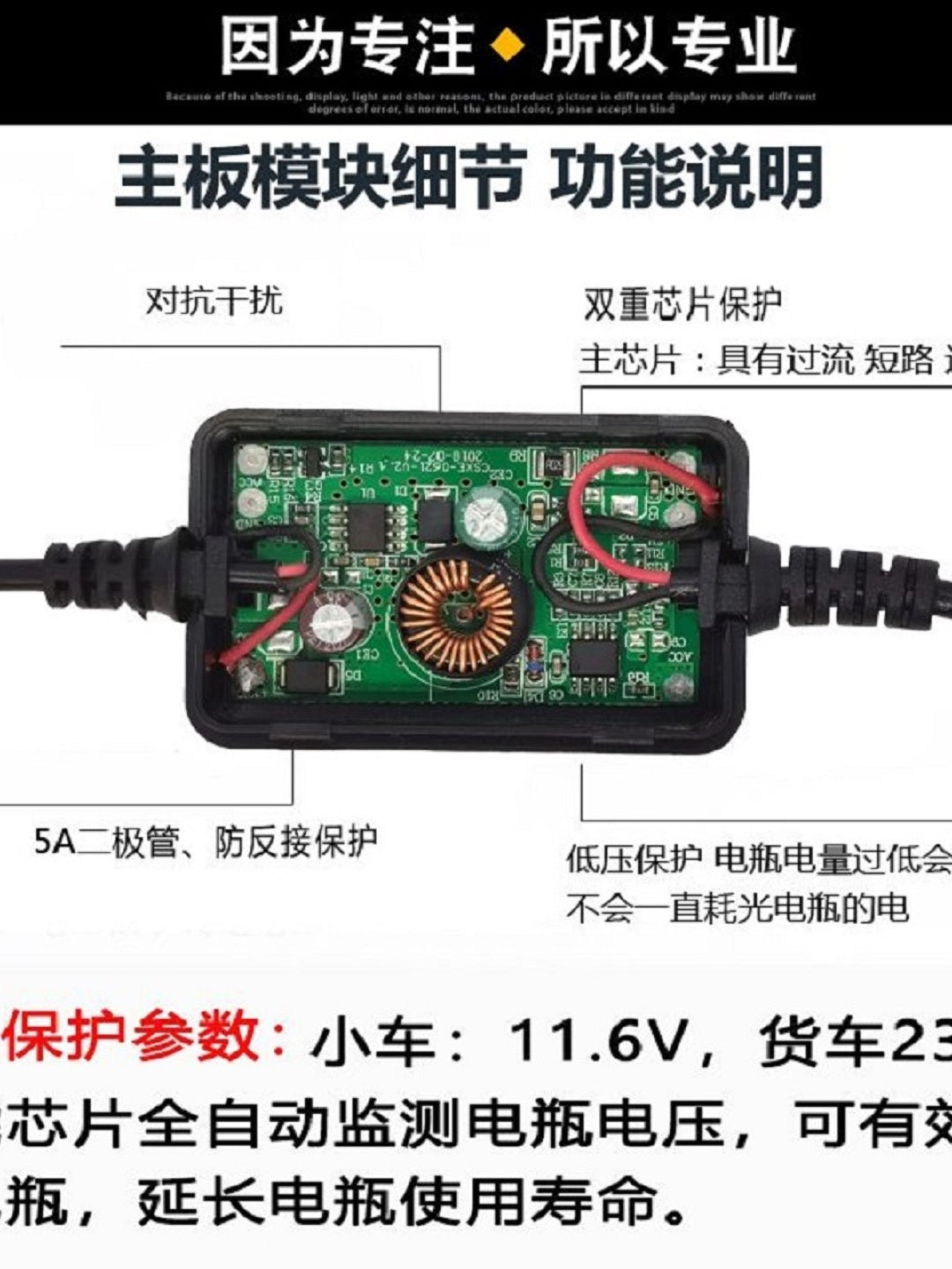 The car works with a dashboard-mounted down-converter cable with MINI interface, two 2A power cables, hidden wiring, and a fuse box.