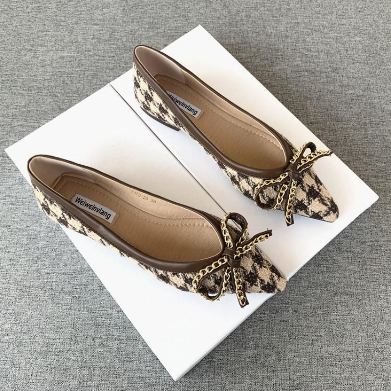 Uclu Düz Qadın Ayaqqabıları 2023 Yeni Houndstooth Bow Ladies S