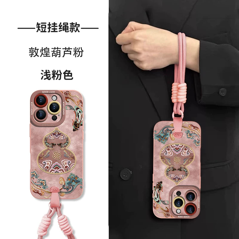 [Crossbody bilək bağı] Dunhuang gourd Apple 17promax cib telefonu qutusu iphone16pro yeni stil 15 kəmər hava super isti 14 yüksək səviyyəli hiss 13 silikon hər şey daxil 12 mədəni və yaradıcı dəst üçün uyğundur
