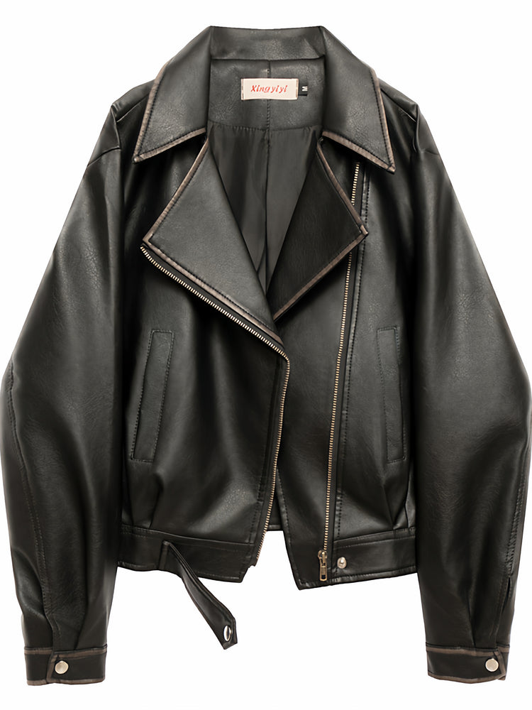 Qadınlar üçün qara yaxalı dəri gödəkçə, 2025 Yeni Amerika Retro Motosiklet Stilində Boş Qısa Gödəkçə Top