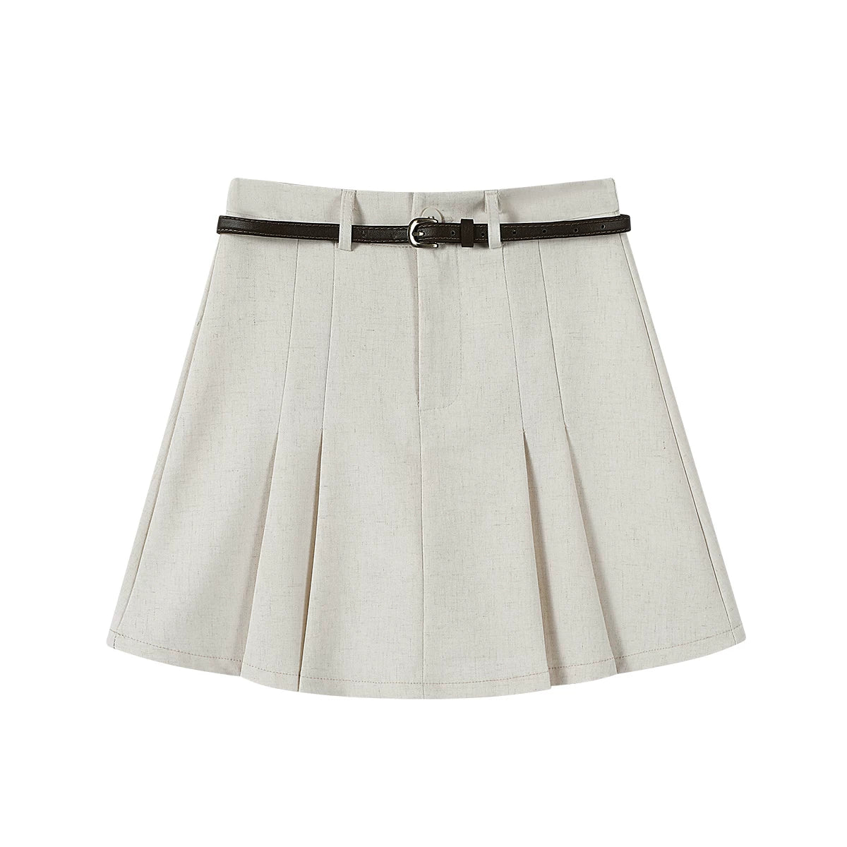 Xaki rəngli qat-qat yüksək belli A-xəttli ətək, yay, yaz, payız və qış üçün yeni bir tərzdə olmaqla, zərif və zərif bir ab-hava yaradır.