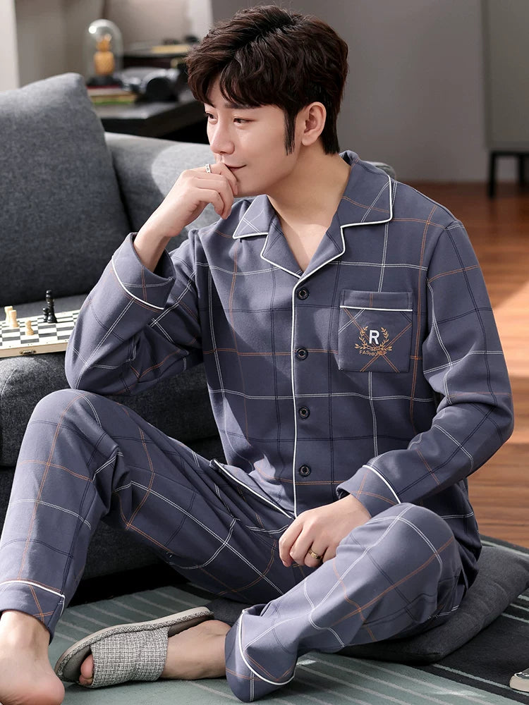 Langsha Kişilər üçün Təmiz Pambıq Pijama 2025 Yeni Yaz və Payız Nazik Uzunqollu Böyük Ölçülü Payız və Qış Kişilər üçün Ev Geyimləri Dəsti