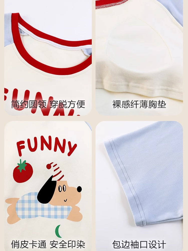 Qadınlar üçün üç hissəli təmiz pambıq pijama dəsti, yastıqlı qısaqol şalvarla yay sevimli cizgi filmi qız tələbə ev paltarı