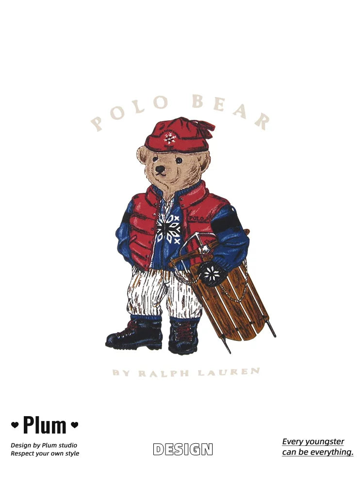 Zhou Yutong-un Amerika retro tünd göy rəngli sviter, qadın 2025-ci il yeni payız və qış stilində, flis astarlı və kiçik ayı naxışı ilə qalınlaşdırılmış.