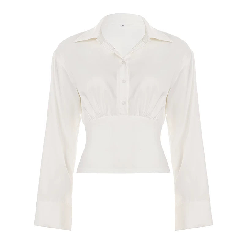 ROCKMORE [Yüksək IQ və Cazibədar Qız] Qadınlar üçün Ağ Belli, Düyməli Uzunqol Köynək, Seksual və Zərif Top