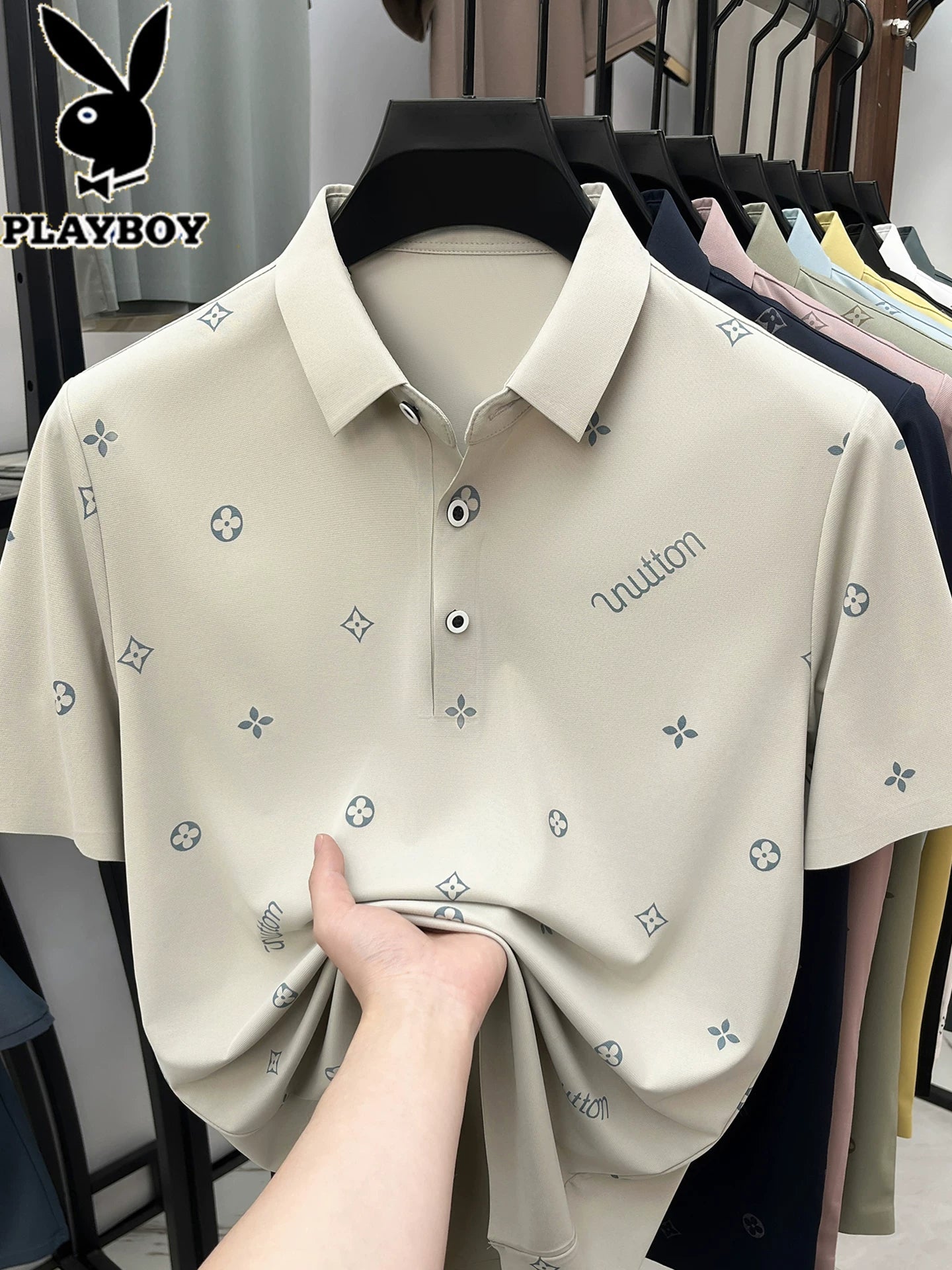 Playboy buz ipək qısaqol kişi yay köynəyi kişilər üçün yeni moda yarımqol tikişsiz sərin POLO köynək topları