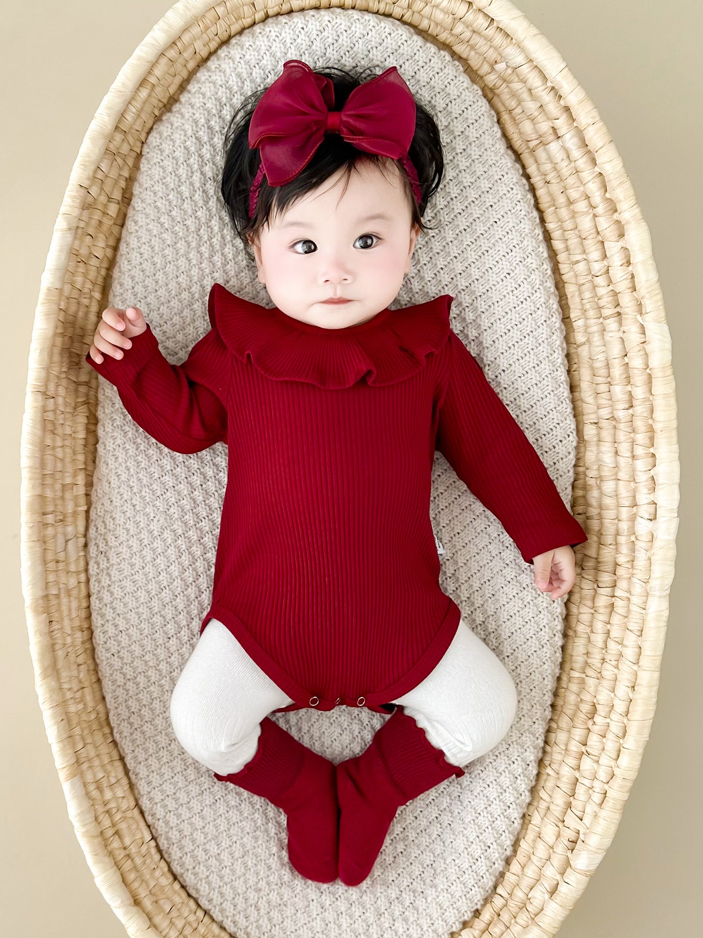 Qızlar üçün Fransız Uamtor Payız Körpə Onesi, Tam Ay/100 Günlük Şahzadə Romperi, Qırmızı Bəzəkli Kostyum