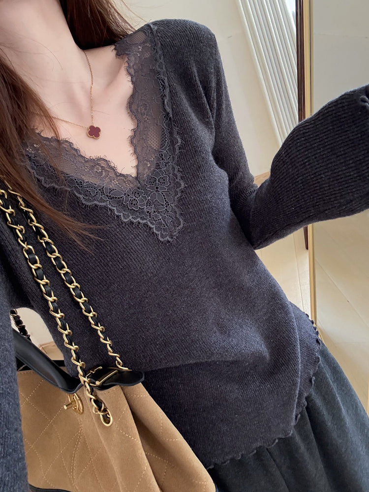 Qadınlar üçün sadə rəngli V-formalı krujeva əsas qatlı top, 2025 payız yeni Koreya üslubunda sadə üslublu daxili qatlı top.