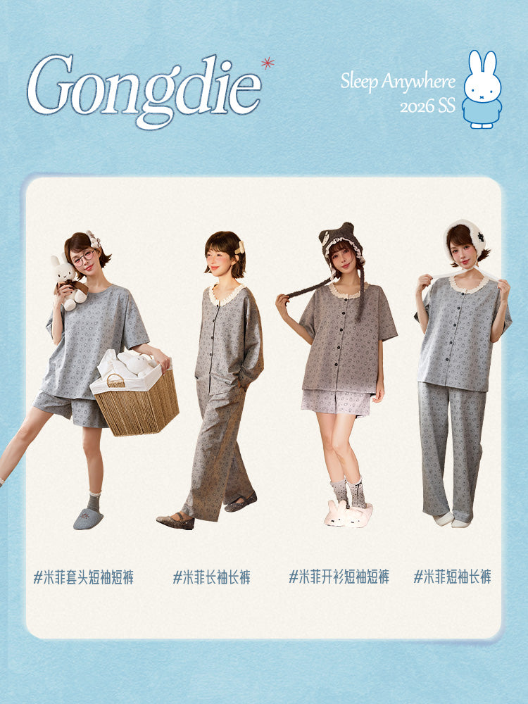Gongdie [sərin tip] Qadınlar üçün Miffy yay qısaqol pijama təmiz pambıq təsadüfi tam çaplı cizgi filmi ev paltarı çöldə geyilə bilər