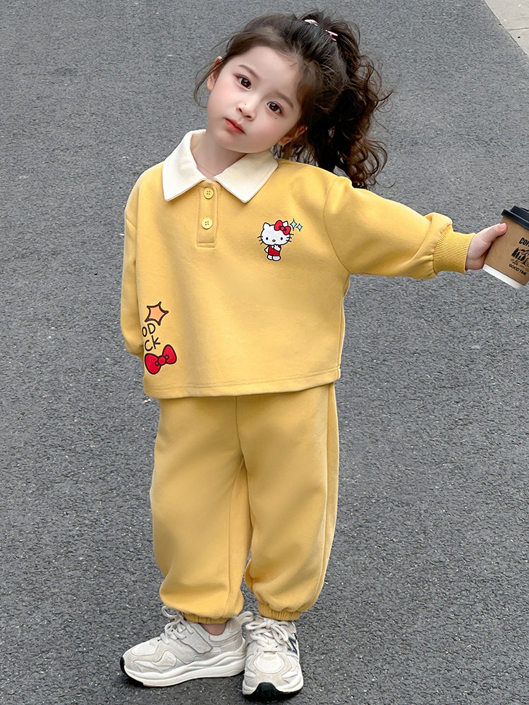 Annakids Koreya dəbli uşaq geyimləri brendi qızlar üçün payız və qış üçün yun astarlı idman kostyumu dəsti, iki ədəd polo yaxalıqlı sviter də daxil olmaqla.