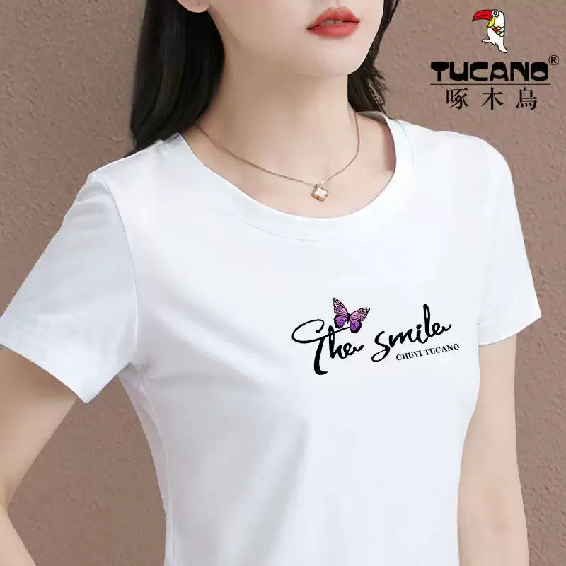 Clearance Pickup Woodpecker Mall Çıxarılır Yay Təmiz Pambıq Qısaqol Dəyirmi Yakalı Qadın T-shirti Böyük Ölçü Slim Fit Top