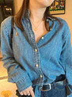 2024 Erkən Yaz Stilində Krystal Jung's American Retro Köhnə Pul Stilində Yuyulmuş Denim Pambıq Naxışlı İncə Köynək Gödəkçə