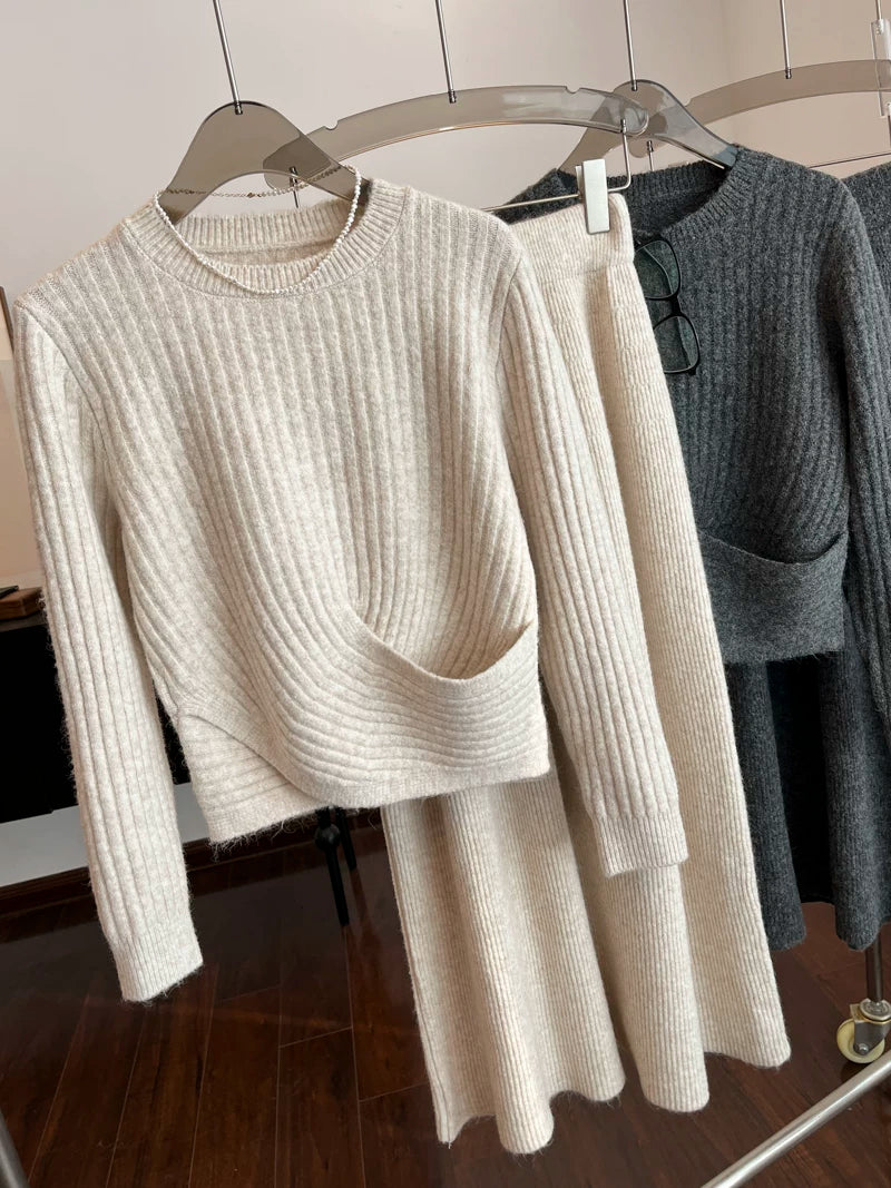 French style, elegant, loose fit round neck sweater, spring knit sweater, mid-length A-line skirt set.