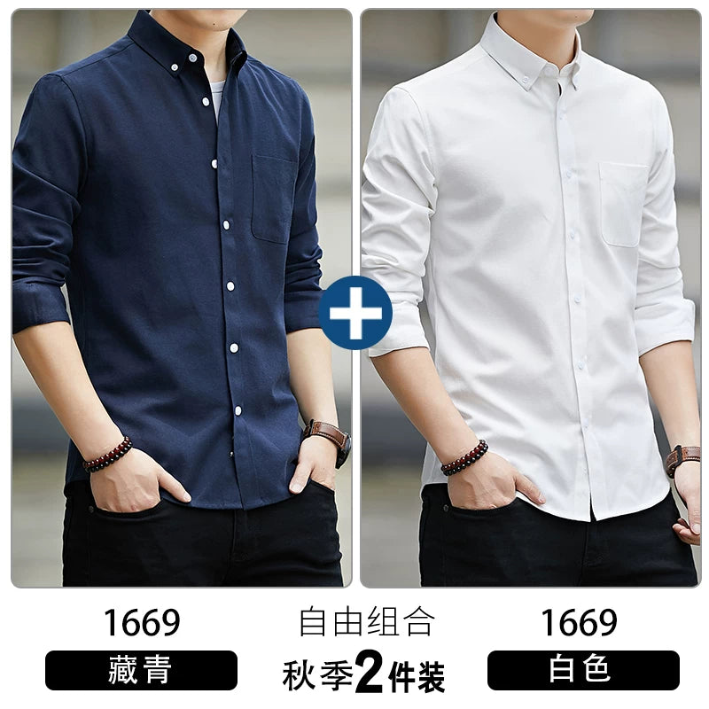 Kişilər üçün uzunqol köynək, gənclik üslubunda, boş forma, dəbli brend, yüksək səviyyəli Oksford parça, düz rəng, payız geyimi, gündəlik üst geyim.